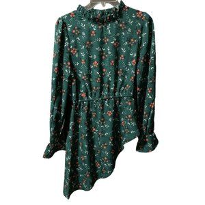 LNV Women Polyester Blouse Top Floral S Cinched Waist Ruffle Neck Bell Sleeve